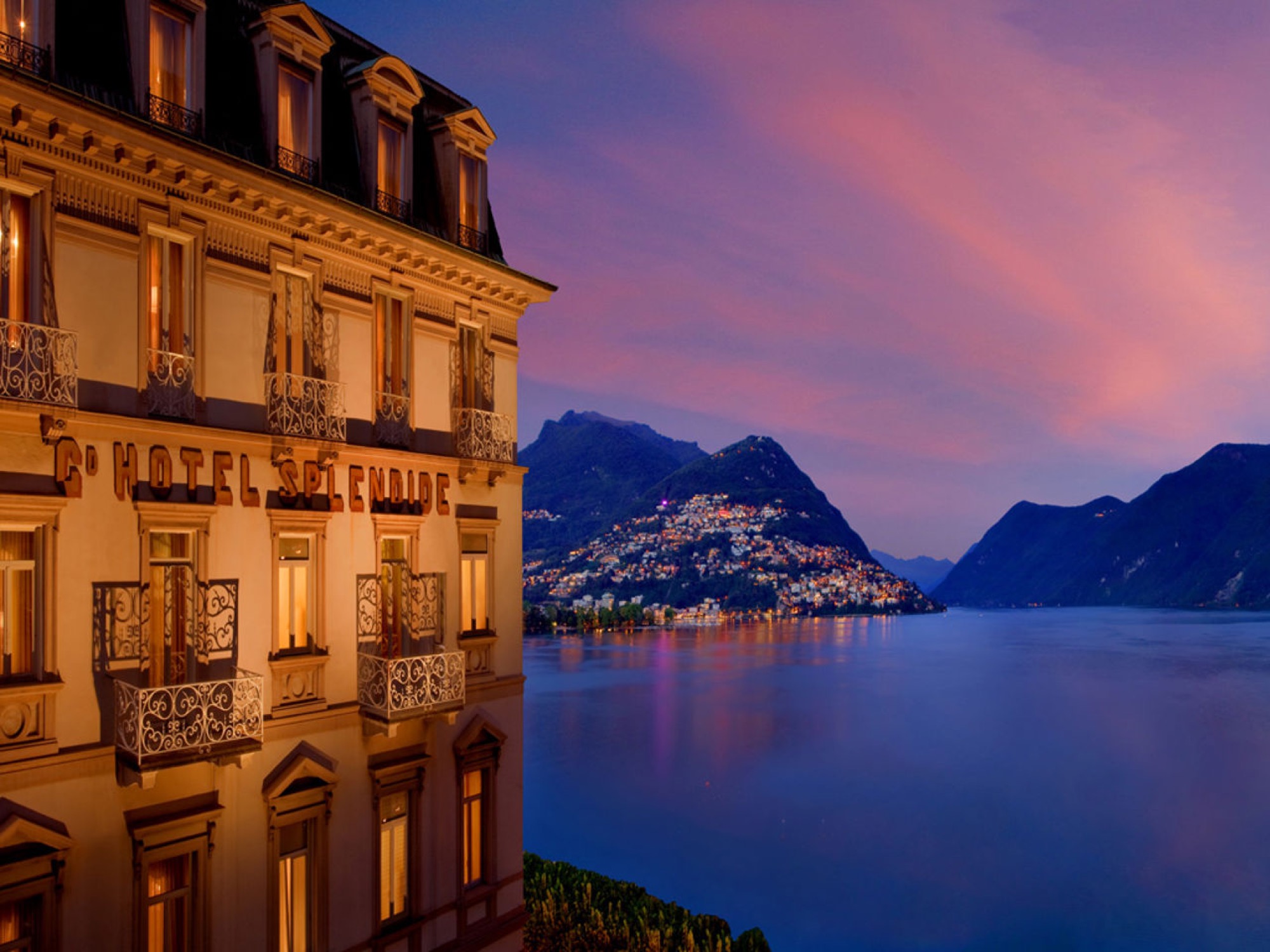 Hotel Splendide Royal above Lake Lugano at dusk